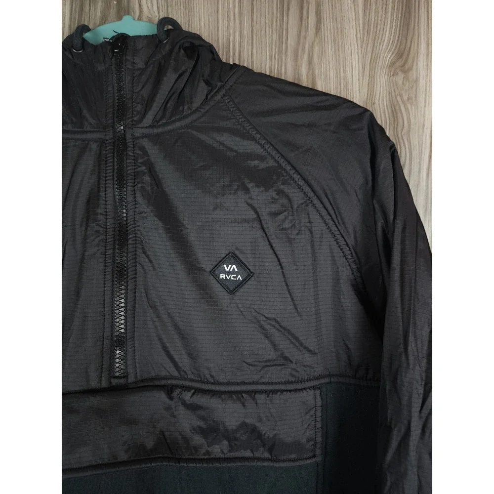 RVCA Mens Mixed Media Ripstop Fleece Half Zip Anorak Hoodie Black Small